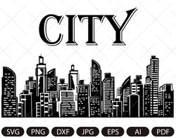 City silhouette vector/ Horizontal City landscape SVG/ Downtown landscape with high skyscrapers/ Panorama architecture b