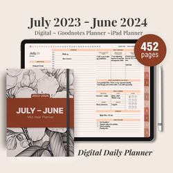 Minimalist Mid Year Digital Planner, July 2023 June 2024, Dated daily, monthly and weekly planner, Monday Sunday Start