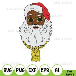 Black Santa With Chain African American svg, Jesus Piece Culture Rap Hip Hop Bling Jewelry Diamonds Rich Gold Link Holid