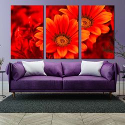 abstract flowers canvas wall art, red flowers close up 3 piece multiple canvas, beautiful floral canvas print