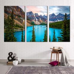 alberta mountains canvas print, grey brown mountains scenery canvas set, green trees moraine lake 3 piece canvas