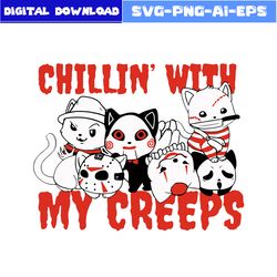 Chillin With My Creeps Cat Horror Killer Halloween Svg, Cat Horror Svg, Cat Svg, Halloween Svg, Png Eps File