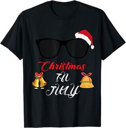 Merry Christmas In July T-Shirt with Santa Hat Sunglasses