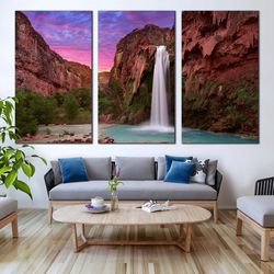 Arizona Waterfall Canvas Wall Art, Green Trees Grand Canyon Waterfall 3 Piece Canvas Set, Mountain Havasu Falls Canvas