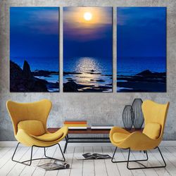Beautiful Ocean Canvas Wall Art, Yellow Sunset Ocean Beach Canvas Set, Blue Sky Ocean 3 Piece Canvas Print