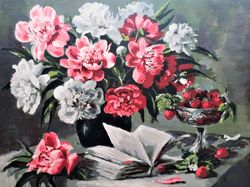Still Life featuring Peonies & Strawberries, Colorful Peony Bouquet Artwork, Acrylic Painting: Vibrant Summer Still Life