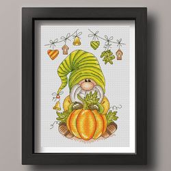 Autumn gnome cross stitch pattern PDF, Gnome with pumpkin, Fall gnome, Fall cross stitch, Pumpkin cross stitch
