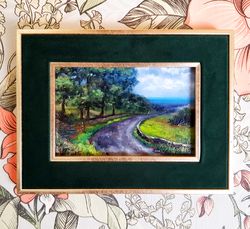 Small cute original oil painting in a velvet frame Landscape