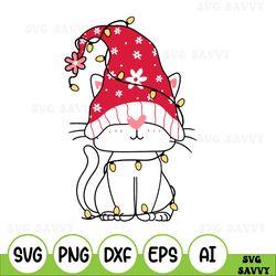 Christmas gnome white cat with red Santa hat and light blub string Svg, color layered silhouette, cat illustration, catm