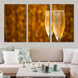 Champagne Night Canvas Wall Art, Yellow Sparkling Champagne 3 Piece Multiple Canvas, Champagne Glasses Triptych Canvas