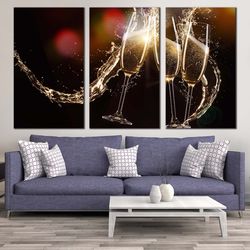 champagne glasses canvas wall art, yellow champagne liquid burst canvas, red abstract champagne splash 3 piece canvas