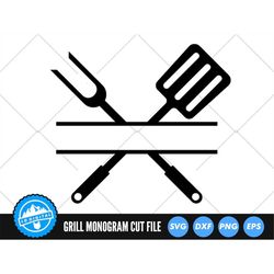 Bbq Grill Utensils Monogram Svg Files | Crossed Grill And Spatula Svg Cut Files | Barbeque Clip Art Vector Files | Grill