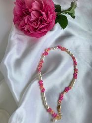 Pink Daisy Pearl Necklace, Gold Plated Flower Choker, Dainty Necklace, gift for her.