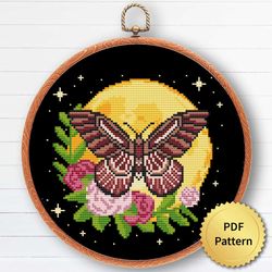 Moon Moth with Flowers Cross Stitch Pattern. Modern Gothic Cross Stitch. Mystical Magic Witchy Theme Cottagecore Decor