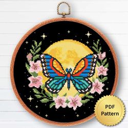 Moon Moth with Flowers Cross Stitch Pattern. Modern Gothic Cross Stitch. Mystical Magic Witchy Theme Cottagecore Decor