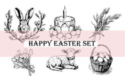 Happy easter set, easter Rabbit, Basket with eggs, Easter clipart, cute lamb, flowers