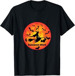 Halloween witch on a broom with bats and bright orange moon T-Shirt