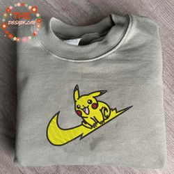 NIKE x Pikachu Embroidered Sweatshirt, Pokemon Anime Embroidered Sweatshirt, Custom Anime Embroidered Crewneck, Anime Gi