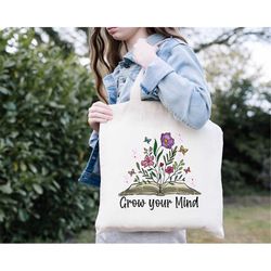 Grow Your Mind Floral Book Tote Bag, Tote Bag for Books, Library Tote, Floral Watercolor Tote, Gift for Book Lover, Book