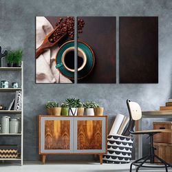 Coffee Cup Canvas Wall Art, Black Coffee Mug From Above Canvas Print, Coffee Beans Canvas Photography 3 Piece Canvas