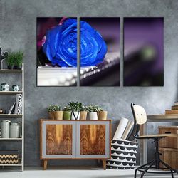 Rose Piano Canvas Wall Art, Rose on Keyboard 3 Piece Multi Canvas Artwork, Blue Flower Triptych Canvas Print