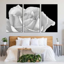 Blooming Rose Canvas Print, Black Background Monochrome Flower 3 Piece Canvas Wall Art, White Rose Painting Canvas