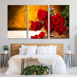 Beautiful Roses Canvas Print, Rosses Brown Wall Background Canvas Set, Fresh Red Rose 3 Piece Canvas Wall Art