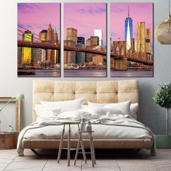 NYC Cityscape Canvas Wall Art, Brown Brooklyn Bridge 3 Piece Canvas Print, Pink Sky New York City Triptych Canvas Set
