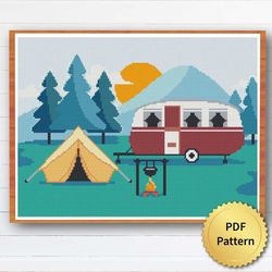 SUPER EASY Camping Cross Stitch Pattern. Nature, Landscape, Minimalism, Mountain Boho Patterns for Beginners