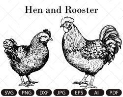 Hen and rooster svg, portrait of hen and rooster, Domestic poultry svg, Chicken clipart svg