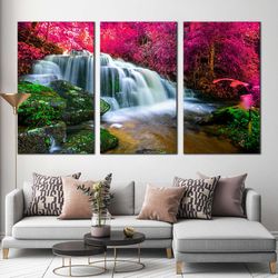 Forest Waterfall Canvas Wall Art, Beautiful Nature Scenery 3 Piece Canvas Set, Colorful Stunning Waterfall Canvas Print