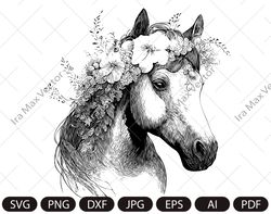 Horse SVG file, Horse with Flower Crown SVG, Horse face , Animal Face, Floral Crown, Horse with Flowers on Head,