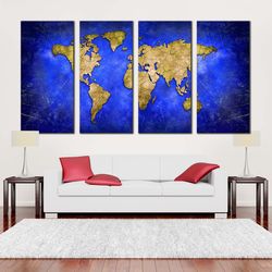 Detailed Map Canvas Wall Art, Blue Globe Abstract World Map 4 Piece Canvas Set, Yellow Flat World Canvas Print