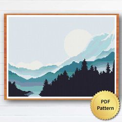 SUPER EASY Winter Sunrise Cross Stitch Pattern. Nature, Landscape, Minimalism, Boho Patterns for Beginners