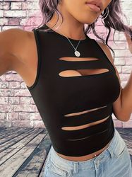 Cut Out Slim Tank Top Sexy Crew Neck Sleeveless Top Women's Clothing