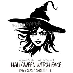 Halloween Witch Face | SVG, PNG, Black silhouette, line art, black and white, witch hat, woman, ghost, princess, deco