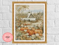 Cross Stitch Pattern ,Watercolor, Autumn Pumpkin Field,Vintage Design,Retro Inspiration,Instant Download