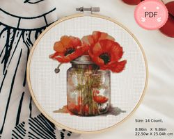 Cross Stitch Pattern,Poppies In A Jar, Pdf , Instant Download , Floral X Stitch Chart, Flower,Poppy Bouquet