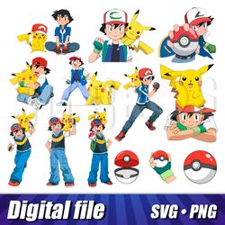 Ash Ketchum and Pikachu svg and png bundle, Cricut pokemon images, Pokemon clipart pack, Printable Pikachu and Ash image