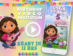 Gabby's dollhouse birthday video invitation for girl, animated kid's birthday party invite