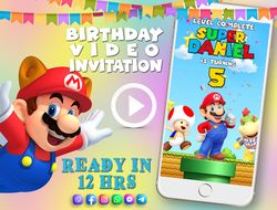 Super Mario birthday video invitation for boy, animated kid's birthday party invite