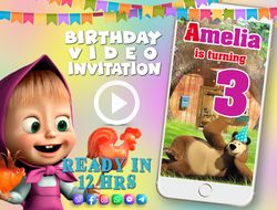 Masha and the Bear birthday video invitation for baby girl, animated kid's birthday party invite