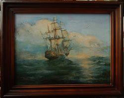 Original Oil Painting on Canvas Warship Seascape Artwork Landscape Bithday Gift Wall Decor