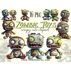 Creepy Cute Zombie Toy Clipart, Fantasy plush zombies png bundle, Halloween funny horror images, Free commercial use