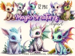 Magic Creatures clipart, Fantasy mythical animal png bundle, Fairy cute beings artwork images pack, Free commercial use