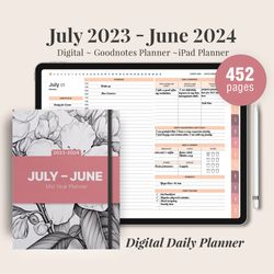 Mid Year Digital Planner for Goodnotes, July 2023 - June 2024, Daily, Weekly, and Monthly Planner, Minimalist Academic