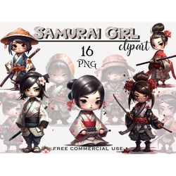 Samurai girl clipart, Kawaii anime warrior girls png images bundle, Japanese manga girl characters, Free commercial use
