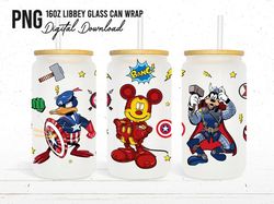 Mickey Superhero 16oz Glass Can Wrap, 16oz Libbey Can Glass, Mickey And Friends Avengers Tumbler Wrap, Full Glass Can Wr