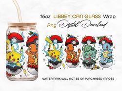 Poke Glass Can Wrap 16oz Glass Can Png, Poke Tumbler, Pokemon Cartoon Libbey Can Glass, 16oz PNG Digital Download, Can G