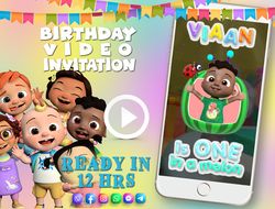 One in a melon - Cocomelon birthday video invitation for boy or girl, JJ, Cody, Cece animated kids birthday party invite